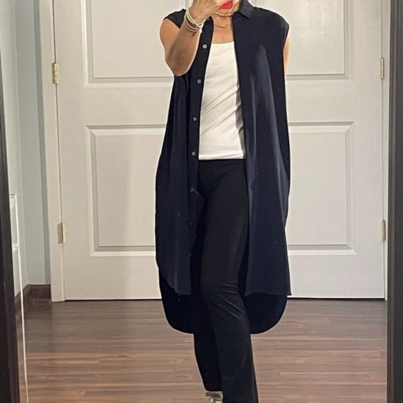 Frame blue silk navy sleeveless shirt dress button down - Picture 9 of 11